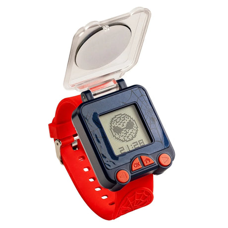 Spider-Man Red Strap Learning Watch open with digital display, control buttons and clear flip top cover