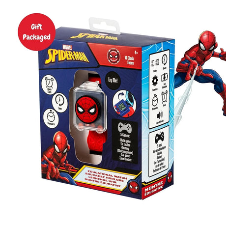 Spider-Man Red Strap Learning Watch displayed in branded retail packaging with watch features shown on the box