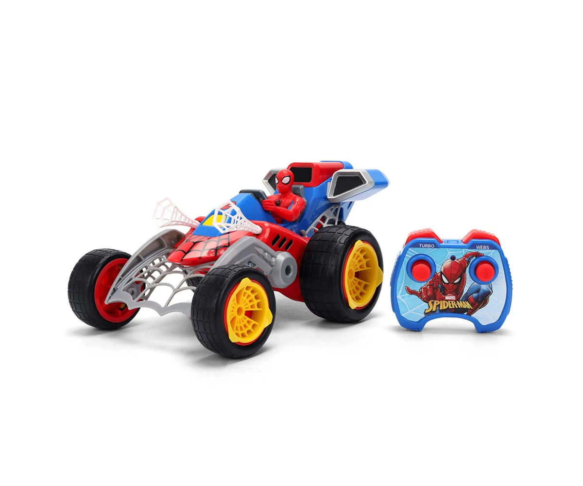 Spider-Man Web Shooting RC Buggy with red and blue body, seated Spider-Man figure, white web launchers, yellow wheels and blue remote controller with Spider-Man graphics.