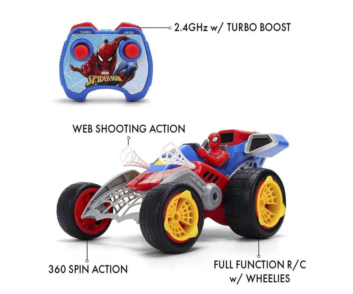 Spider-Man Web Shooting RC Buggy feature graphic showing its blue Spider-Man controller, white web launchers, 360 degree spin action, turbo boost and wheelie functions.