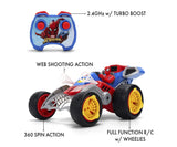 Spider-Man Web Shooting RC Buggy feature graphic showing its blue Spider-Man controller, white web launchers, 360 degree spin action, turbo boost and wheelie functions.
