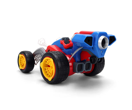 Rear three quarter view of the Spider-Man Web Shooting RC Buggy showing its blue rear body, silver circular centre detail, black tyres and yellow web patterned wheel rims.