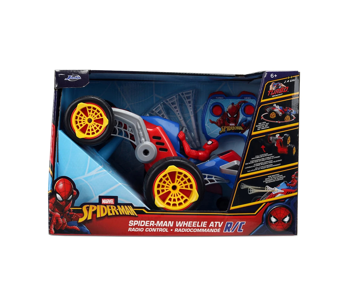 Marvel Spider-Man Wheelie ATV remote control retail packaging showing the red and blue buggy, Spider-Man figure, yellow wheels, blue controller and web shooting feature graphics.