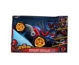Marvel Spider-Man Wheelie ATV remote control retail packaging showing the red and blue buggy, Spider-Man figure, yellow wheels, blue controller and web shooting feature graphics.