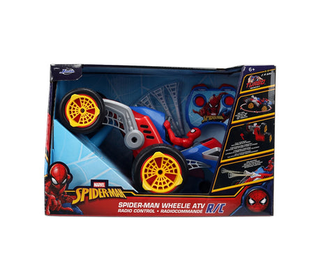 Marvel Spider-Man Wheelie ATV remote control retail packaging showing the red and blue buggy, Spider-Man figure, yellow wheels, blue controller and web shooting feature graphics.