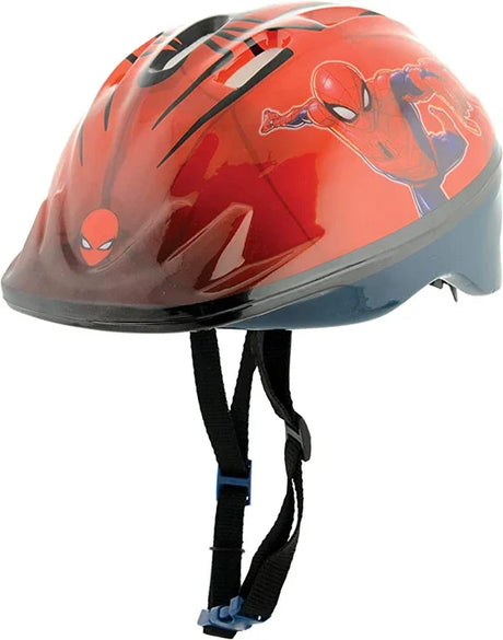 Spider Man kids bike helmet with red character design shown at an angled view with visible ventilation slots and chin strap