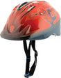 Spider Man kids bike helmet with red character design shown at an angled view with visible ventilation slots and chin strap