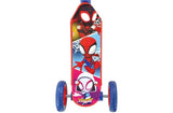 Top-down view of the Spidey and His Amazing Friends Deluxe Tri Scooter deck showing Spidey and Ghost-Spider character artwork, with two front blue and red wheels visible