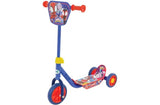 Spidey and His Amazing Friends Deluxe Tri Scooter three-quarter rear view showing blue frame, red handlebar grips, character-printed deck and three blue and red wheels