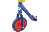 Close-up of the Spidey and His Amazing Friends Deluxe Tri Scooter showing the blue rear wheel with red hub and blue frame with MV branding