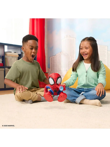 Two children playing with Spidey and His Amazing Friends Amazing Flip Spidey animatronic plush toy