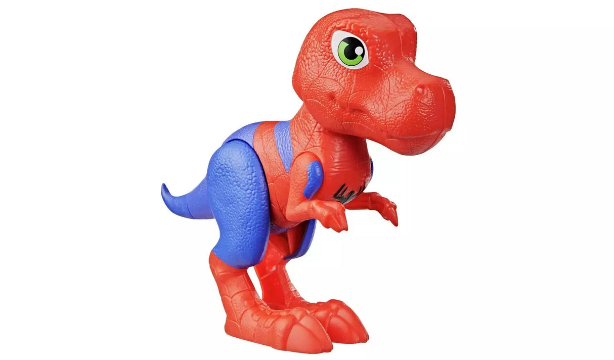 Close-up side view of the Hasbro Marvel Spidey-Rex figure showing red textured T-Rex body, blue mid-section with spider logo detail, articulated legs and large green eye
