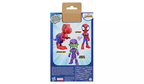 Rear of the Spidey and His Amazing Friends packaging showing the Spidey-Rex, Spidey and Green Goblin figures available in the range, with Hasbro and Marvel branding