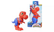 Hasbro Marvel Spidey-Rex figure shown alongside its retail box, displaying red and blue T-Rex dinosaur with spider logo detail and green eye, from the Spidey and His Amazing Friends range