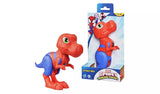 Hasbro Marvel Spidey-Rex figure shown alongside its retail box, displaying red and blue T-Rex dinosaur with spider logo detail and green eye, from the Spidey and His Amazing Friends range