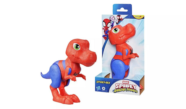 Hasbro Marvel Spidey-Rex figure shown alongside its retail box, displaying red and blue T-Rex dinosaur with spider logo detail and green eye, from the Spidey and His Amazing Friends range