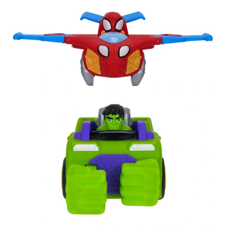 Hulk's green Smash Tank with Spidey's red and blue Glider Jet mounted on top, showing the two vehicles joined together against a white background.