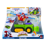 Spidey & His Amazing Friends Team Up Tank packaging showing Hulk's green Smash Tank, Spidey's Glider Jet and illustrated vehicle features.