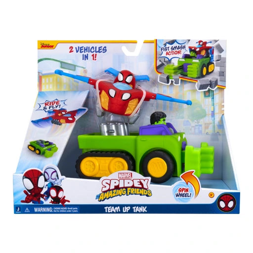 Spidey & His Amazing Friends Team Up Tank packaging showing Hulk's green Smash Tank, Spidey's Glider Jet and illustrated vehicle features.