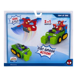Spidey & His Amazing Friends Team Up Tank back of retail packaging featuring Hulk, Spidey, the combined superhero vehicles and blue Team Up Tank branding.