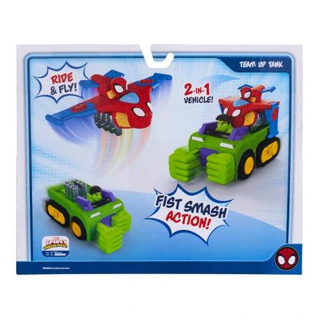 Spidey & His Amazing Friends Team Up Tank back of retail packaging featuring Hulk, Spidey, the combined superhero vehicles and blue Team Up Tank branding.