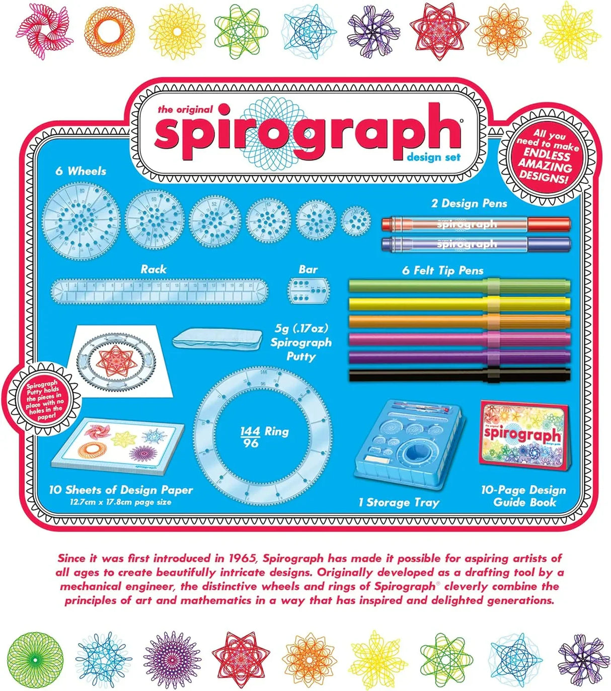 Full layout of Spirograph Design Set showing wheels, guide, and accessories – Ireland