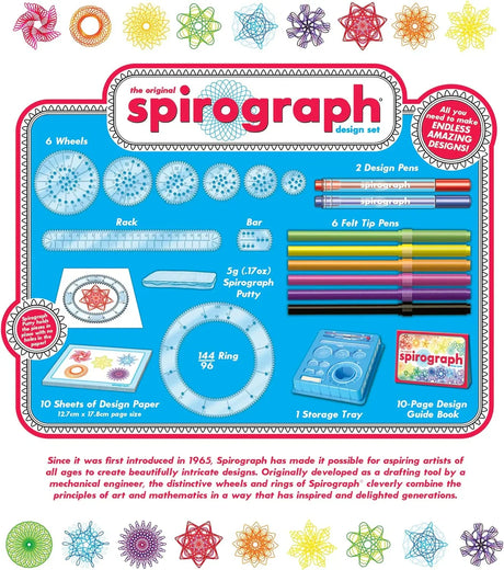 Full layout of Spirograph Design Set showing wheels, guide, and accessories – Ireland