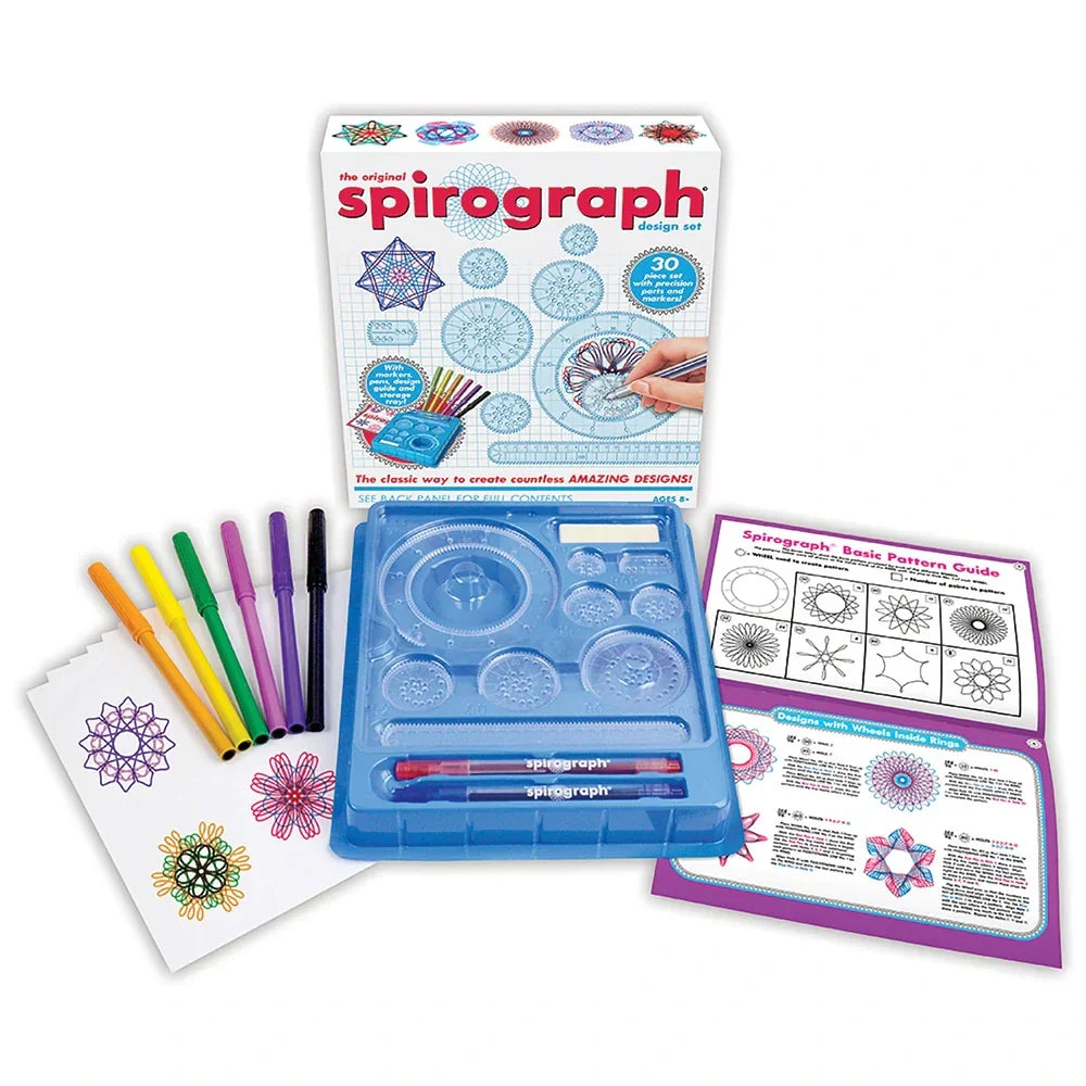 Spirograph Design Set open with pens, tray, guide and drawing sheets – Ireland