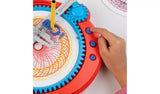 Spirograph Electronic Machine close up with blue control buttons and markers drawing a spiral pattern