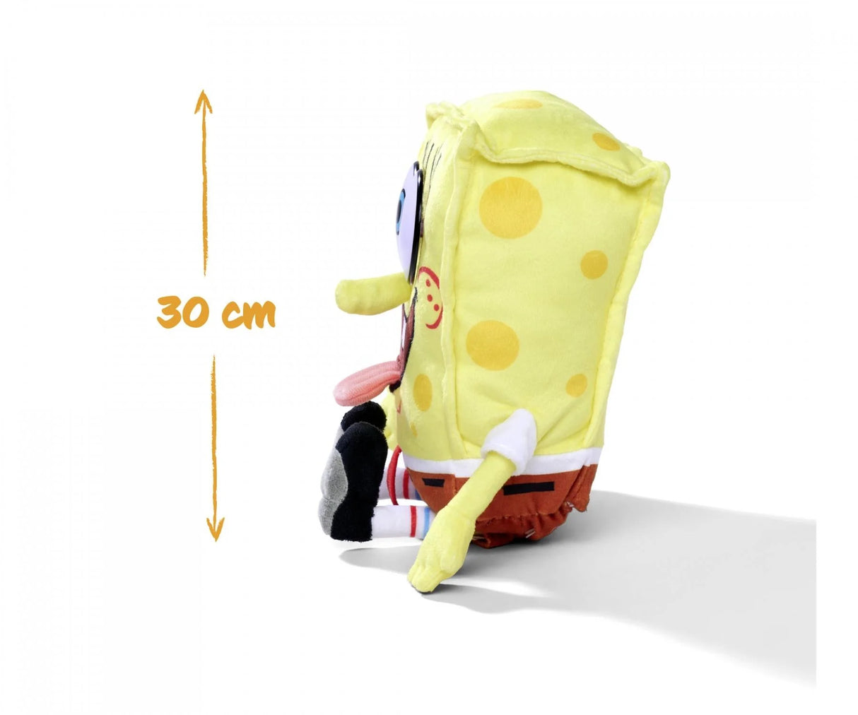 Side view of SpongeBob 30 cm feature plush showing his sponge texture, striped socks and playful grin and height measurement guide.