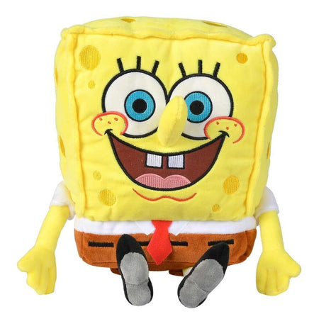 SpongeBob SquarePants 35cm plush toy front view with smiling embroidered face and brown shorts