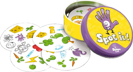Spot it! symbol cards laid out around open tin container – Ireland