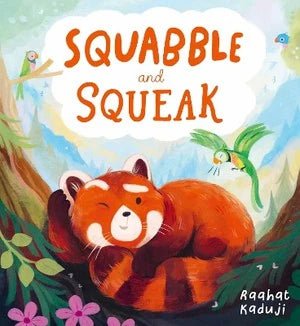 Squabble and Squeak book cover showing a curled red panda in leaves with birds on branches