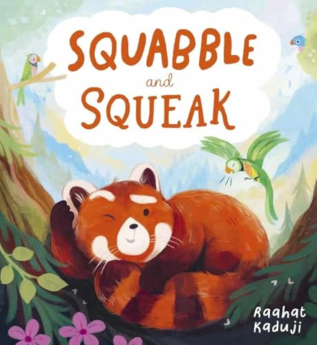 Squabble and Squeak book cover showing a red panda under the title with flowers and birds