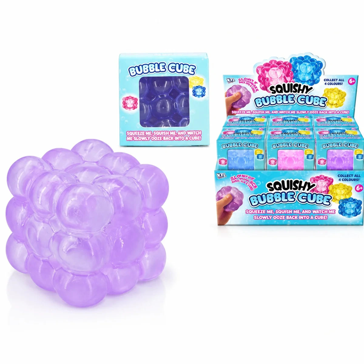 Purple Squish Bubble Cube beside its boxed packaging and colourful Bubble Cube display
