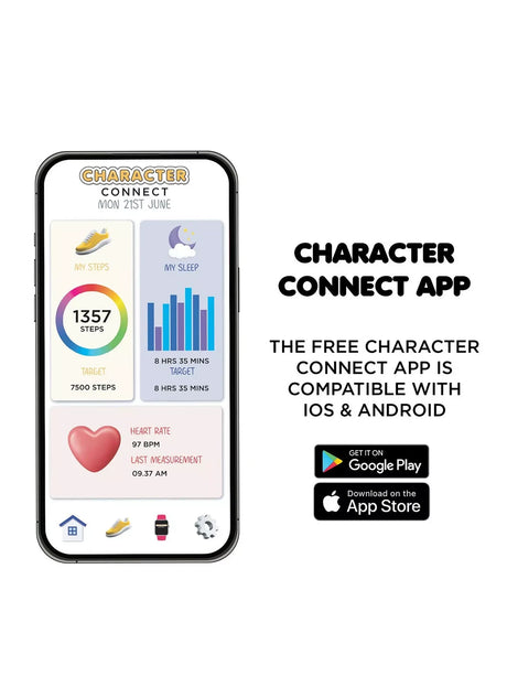 Character Connect app for Squishmallows Rainbow Strap Smart Watch showing step, sleep and heart rate tracking with iOS and Android compatibility