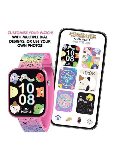 Squishmallows Rainbow Strap Smart Watch beside Character Connect app showing multiple Squishmallows watch face designs and photo customisation