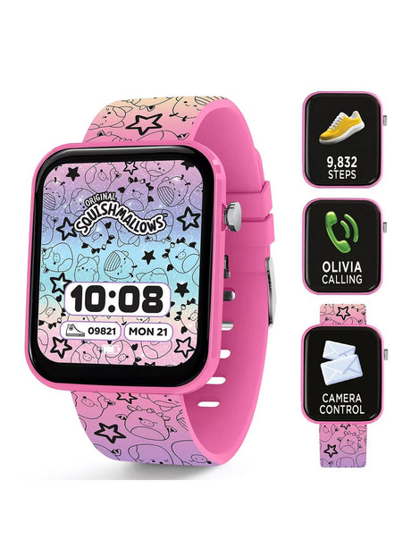 Squishmallows Rainbow Strap Smart Watch showing step counter, incoming call and camera control screens with pink printed strap