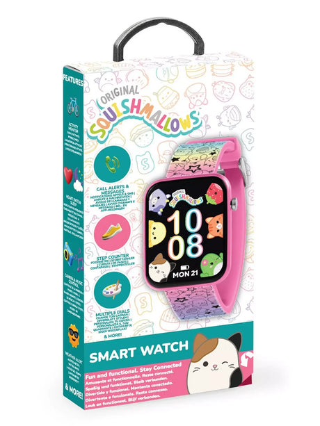 Squishmallows Rainbow Strap Smart Watch displayed in branded retail packaging with pink printed strap and Squishmallows watch face 