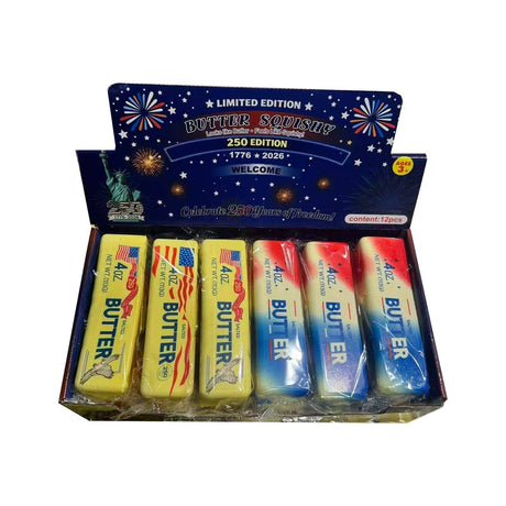 Squishy Butter USA 250 Edition retail display with yellow American flag and red white and blue butter squishies