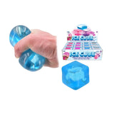 Squishy Icecubes showing a blue cube, the retail display box and the cube being squeezed in a hand