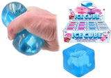Squishy Icecubes product images showing a blue cube, retail display box and the cube being squeezed in a hand