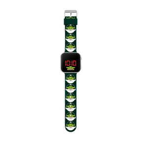 Star Wars Mandalorian Grogu LED watch showing full printed green silicone strap with repeating Grogu The Child character design