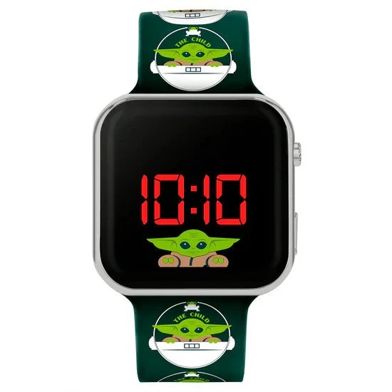Star Wars Mandalorian Grogu LED watch front view with Baby Yoda character dial and dark green printed silicone strap