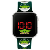 Star Wars Mandalorian Grogu LED watch front view with Baby Yoda character dial and dark green printed silicone strap