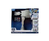 Star Wars The Mandalorian Imperial Remnant AT-AT retail packaging showing the grey walker, remote controller, Din Djarin and Grogu artwork, and lights and sounds feature labels.
