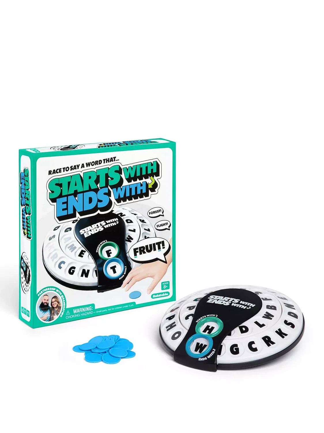 Starts With Ends With game box beside the spinner device and a pile of blue tokens on a white background