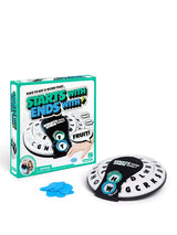 Starts With Ends With game box beside the spinner device and a pile of blue tokens on a white background