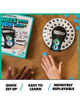 Starts With Ends With game box, spinner device and blue tokens arranged on a wooden table