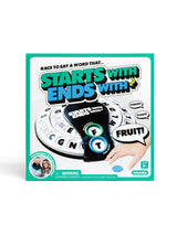 Front of the Starts With Ends With game box with the spinner device and blue token shown on the packaging